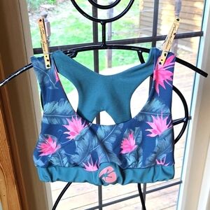 DartFrog Floral Sports Bra with Pink and Teal Design Sz. L